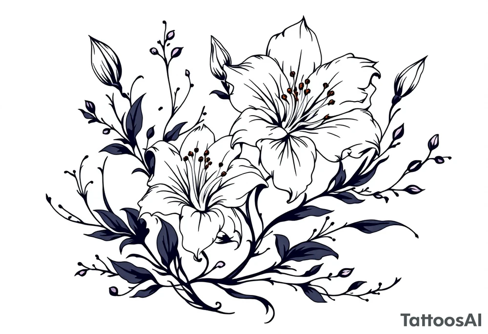 delicate lilies swirling in spring breeze with petals tattoo idea