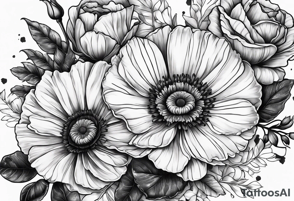 One poppy one rose two daisies tattoo idea