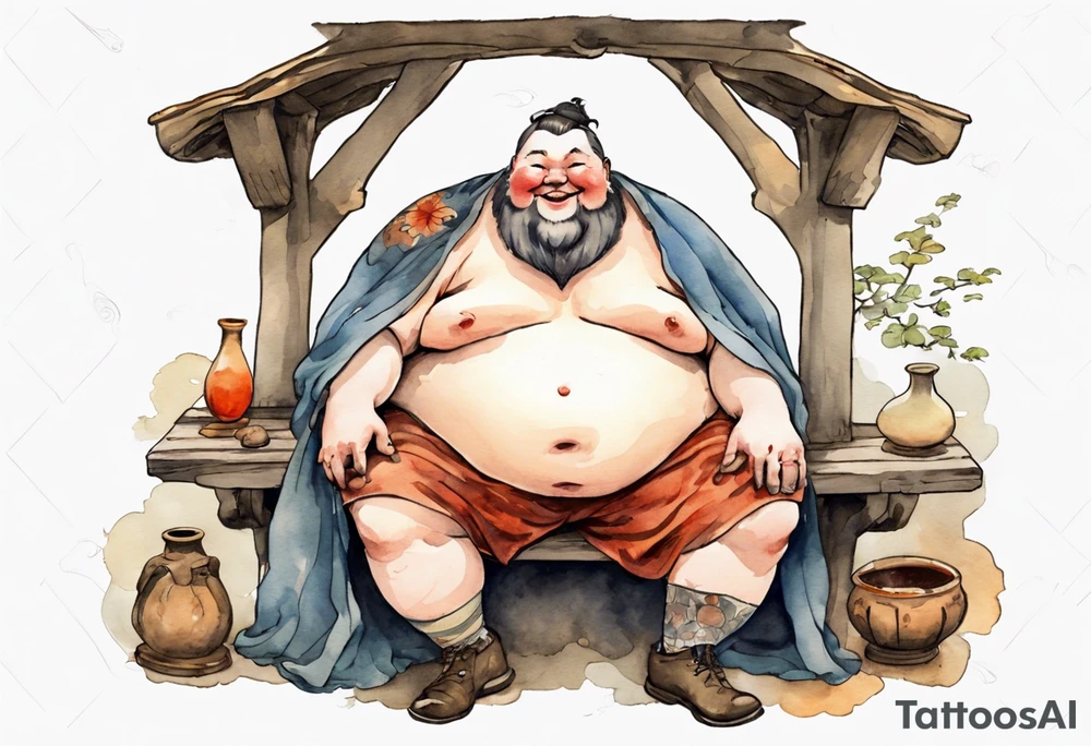 fat man with a mushroom for a head wearing a medieval tunic sitting on a bench by a fireplace drinking from a wood cup, laughing tattoo idea