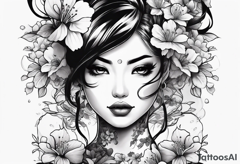 Two face girl with cherry blossoms tattoo idea