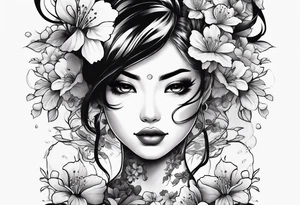 Two face girl with cherry blossoms tattoo idea