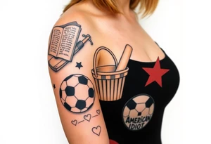 Childhood memories of a book, a bucket and spade, a football, a cricket bat, a cartoon of Dennis the Menace from the Beano comic, and the American Idiot symbol tattoo idea