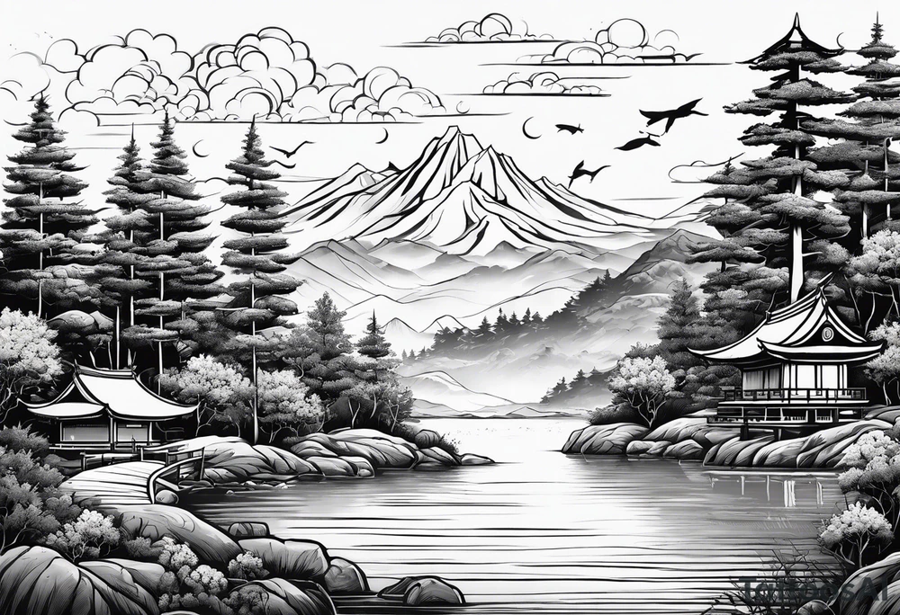 landscape and fishingpole and line with hook tattoo idea