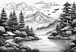 landscape and fishingpole and line with hook tattoo idea