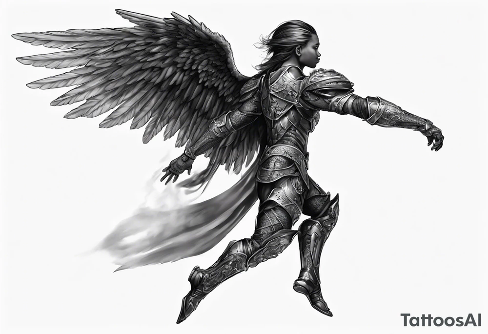 Side view of an black angel wearing inorganic armor that is in mid-air ready to attack tattoo idea