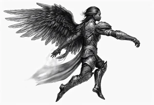 Side view of an black angel wearing inorganic armor that is in mid-air ready to attack tattoo idea