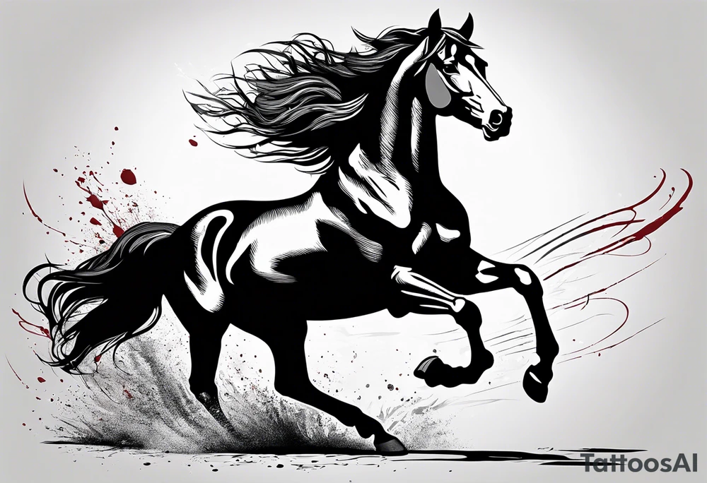 Mustang horse running along blood stomping tattoo idea