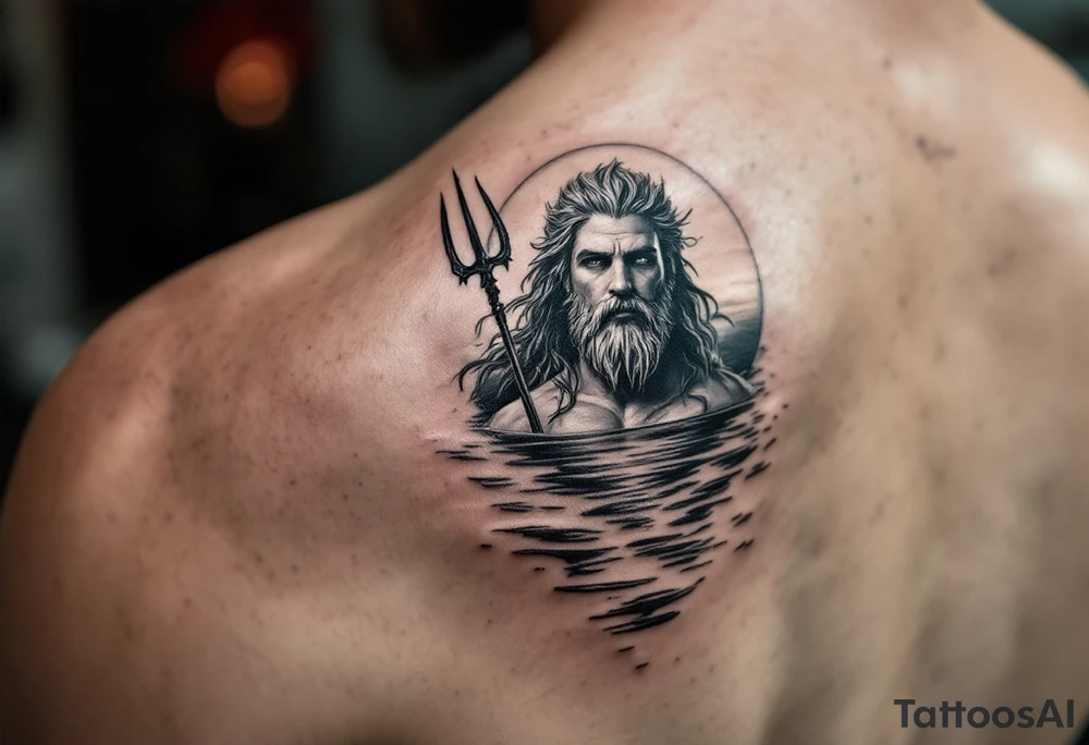 Poseidon half way under calm water with trident at sunset tattoo idea