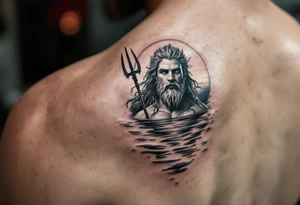 Poseidon half way under calm water with trident at sunset tattoo idea