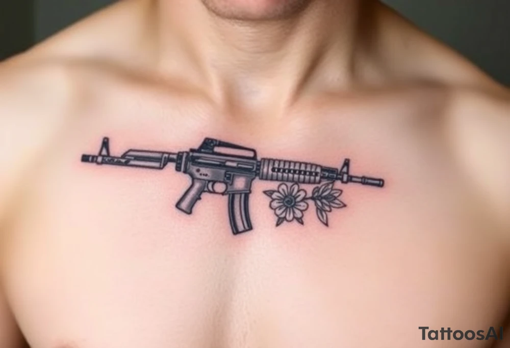 ak 47 black silhouette with floreal details tattoo idea