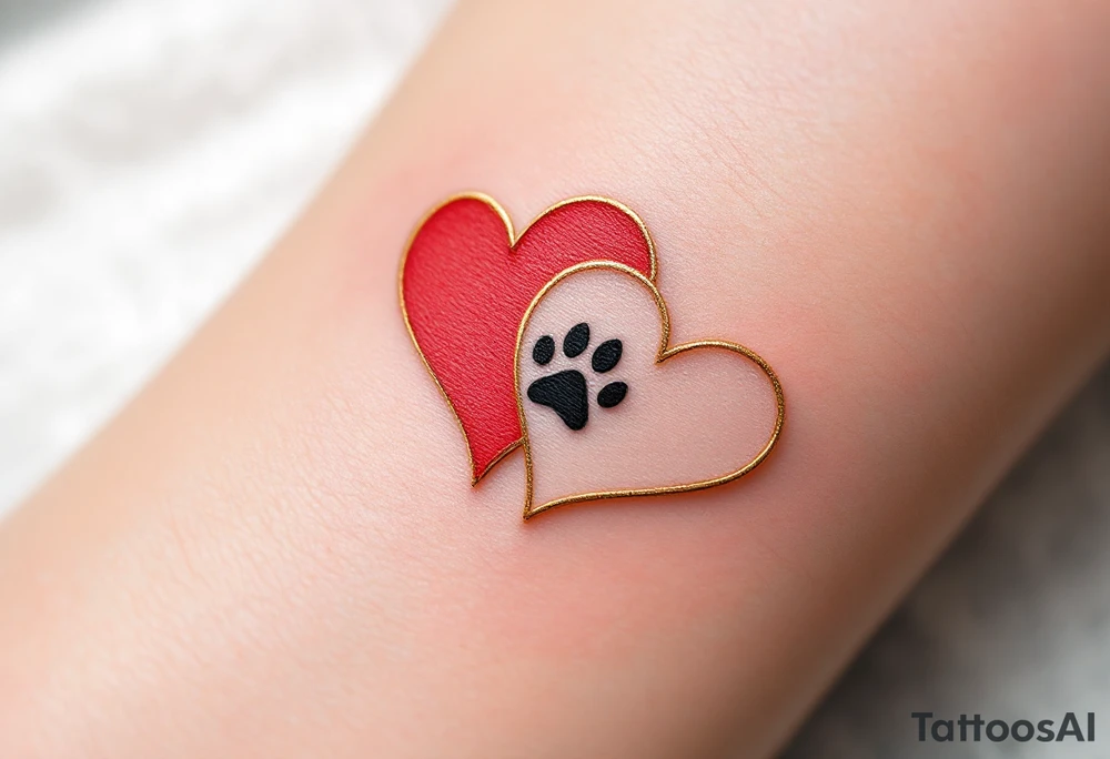 Two intertwined hearts, one in bold red and the other in soft gold. In the center, a small black paw print sits, symbolizing the love and connection shared with pets. The hearts are detailed with fine gold linework for a soft, elegant look. Red (for heart), Gold (for second heart and accents), Black (for paw print). tattoo idea