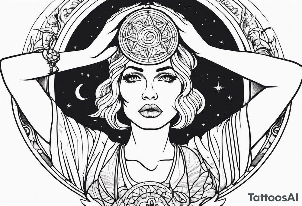 Woman , hands over head , holding orb of life tattoo idea