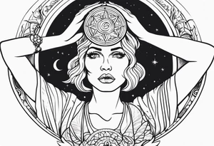 Woman , hands over head , holding orb of life tattoo idea