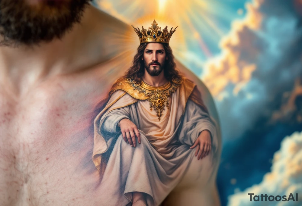 Jesus as King of Kings – A majestic Jesus wearing a golden crown, seated on a throne with bright white robes, and rays of golden light shining down upon Him. The background shows a vast kingdom of soft blues and purples. tattoo idea