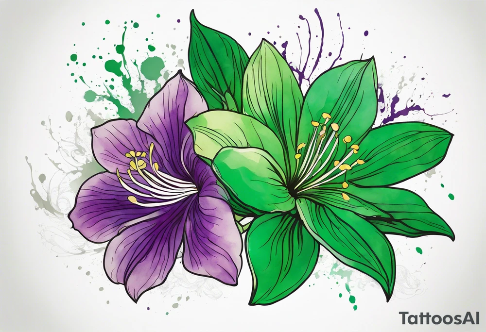 An outline of a green rio dipladenia flower and a green and purple watercolor splash in the background tattoo idea