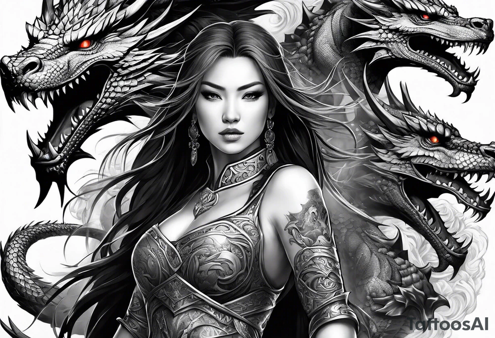 full body female warriors with two full body dragons tattoo idea