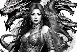 full body female warriors with two full body dragons tattoo idea
