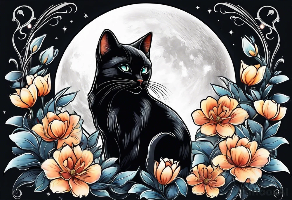 Photo realistic black cat with moon and flowers tattoo idea