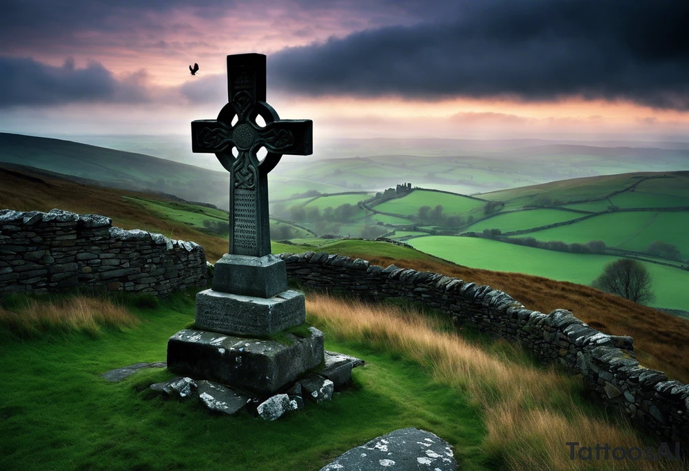 A stone Celtic cross solemnly standing atop a hill, a raven perches atop the cross staring out over the desolation. A ruined stone wall lies crumbling near the cross. Mist rolls along the hilltops adding to the melancholic nature of the scene. Clouds gather in the distance, obscuring the setting sun tattoo idea