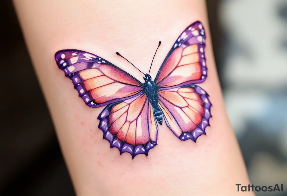 Janička framed by a soft watercolor butterfly, in shades of peach and lavender. tattoo idea