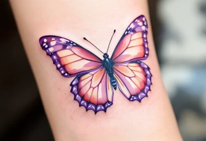 Janička framed by a soft watercolor butterfly, in shades of peach and lavender. tattoo idea