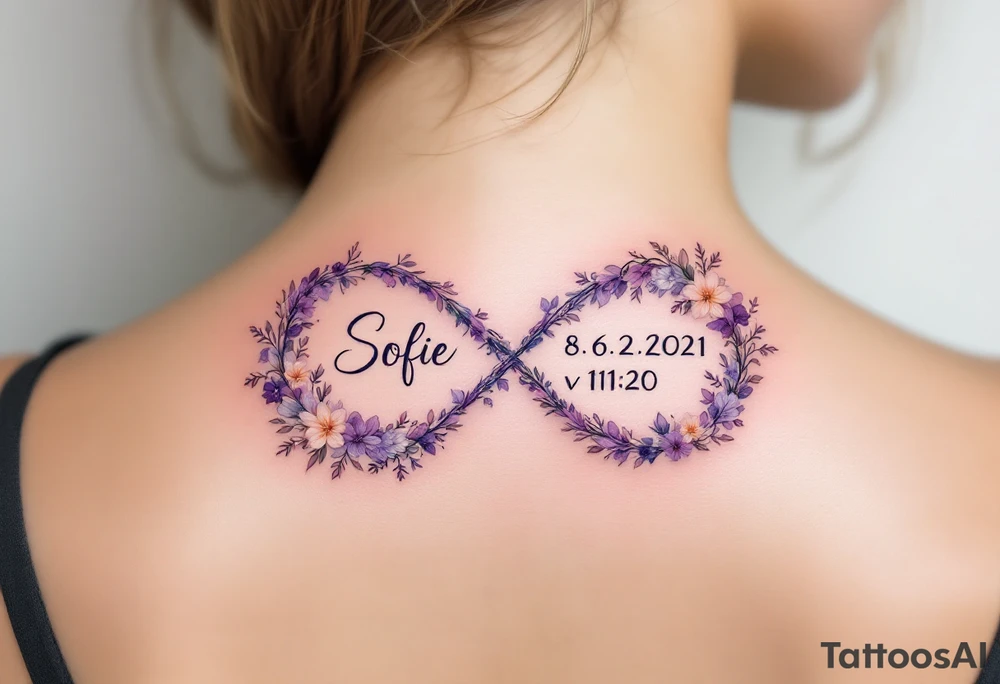 Floral infinity sign incorporating "Sofie – 8.6.2021 v 11:20" in lavender and soft beige. tattoo idea