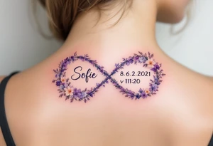 Floral infinity sign incorporating "Sofie – 8.6.2021 v 11:20" in lavender and soft beige. tattoo idea