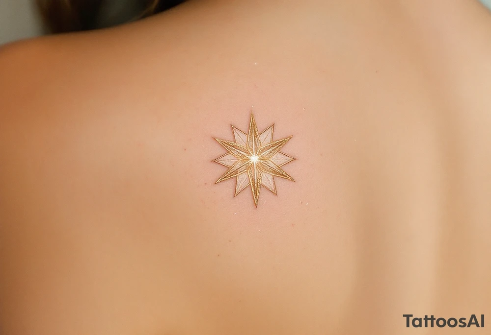 A shimmering gold eight-pointed star tattoo evokes celestial power and divine energy. tattoo idea