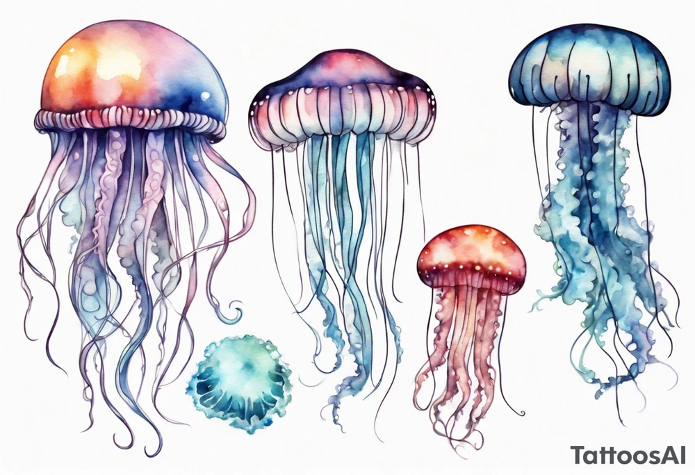 One very large jellyfish with long tentacles, surrounded by two or three smaller jellyfish tattoo idea