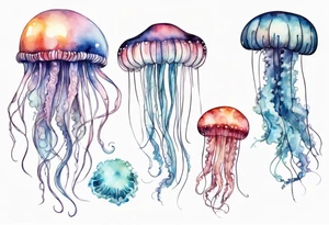 One very large jellyfish with long tentacles, surrounded by two or three smaller jellyfish tattoo idea
