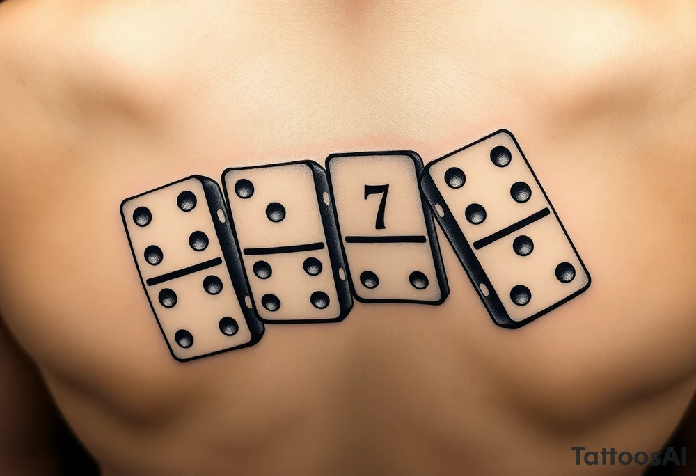 attoo design of three domino tiles falling like in a real domino chain reaction, captured in motion. Retro realistic black and grey shading, not fine-line. The tiles show: one with 8 (4+4), one with 7 (4+3), one with 6 (six dots on the bottom half). On the top half of the domino with 6, add the initials ‘JH’ in elegant retro lettering. Dynamic perspective, sense of motion, vintage realistic tattoo style.“ tattoo idea