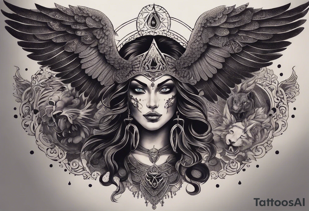 black kali, goddess pirate, alien, angel, pachamama, valkrye, warrior, flying, skull, lotus azul, wing, eagle, zenza resonance, stars, 5D, anahata chakra, death, durga, riding on a tiger, flying lady, chest tatoo tattoo idea