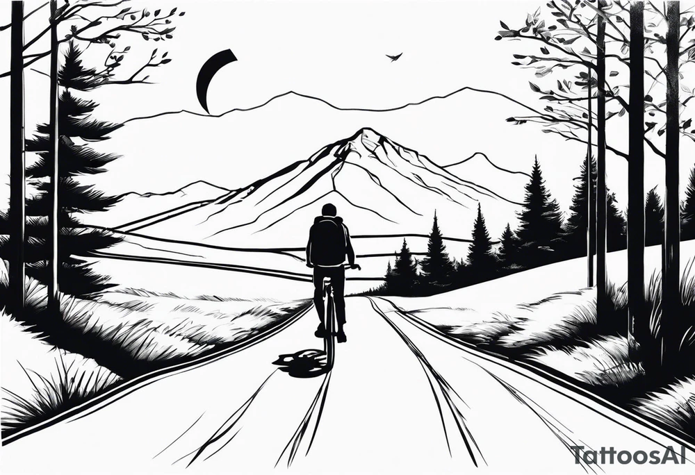 A man with a backpack walking down a road lined with trees, wheeling a bicycle towards a mountain tattoo idea