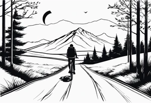 A man with a backpack walking down a road lined with trees, wheeling a bicycle towards a mountain tattoo idea