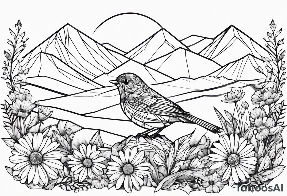 Geometric small bird outline sitting in grass and daisys with mountains in the background tattoo idea