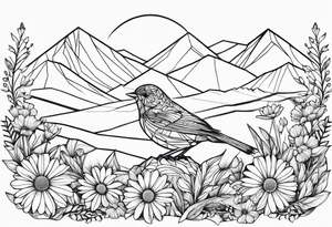 Geometric small bird outline sitting in grass and daisys with mountains in the background tattoo idea