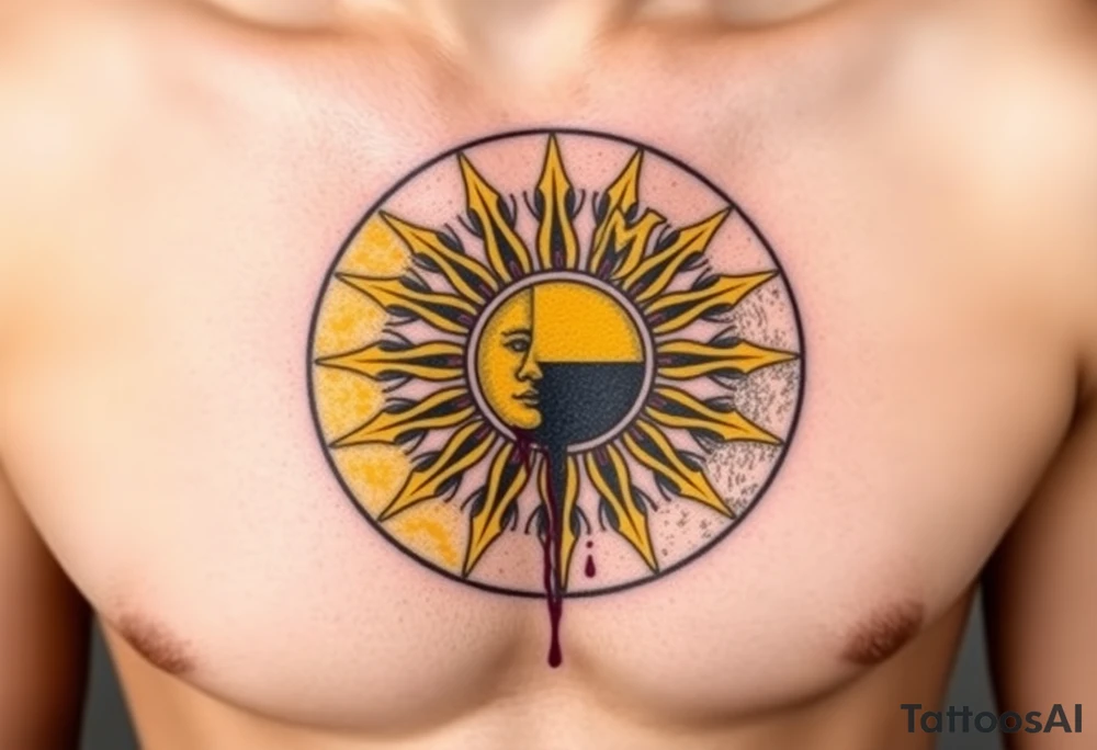Donbass flag in a circle, colours black and yellow sun. Sun is bleading with blood. 5 cm diameter. Локація: ліва верхня частина грудей, ближче до серця tattoo idea