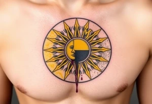 Donbass flag in a circle, colours black and yellow sun. Sun is bleading with blood. 5 cm diameter. Локація: ліва верхня частина грудей, ближче до серця tattoo idea