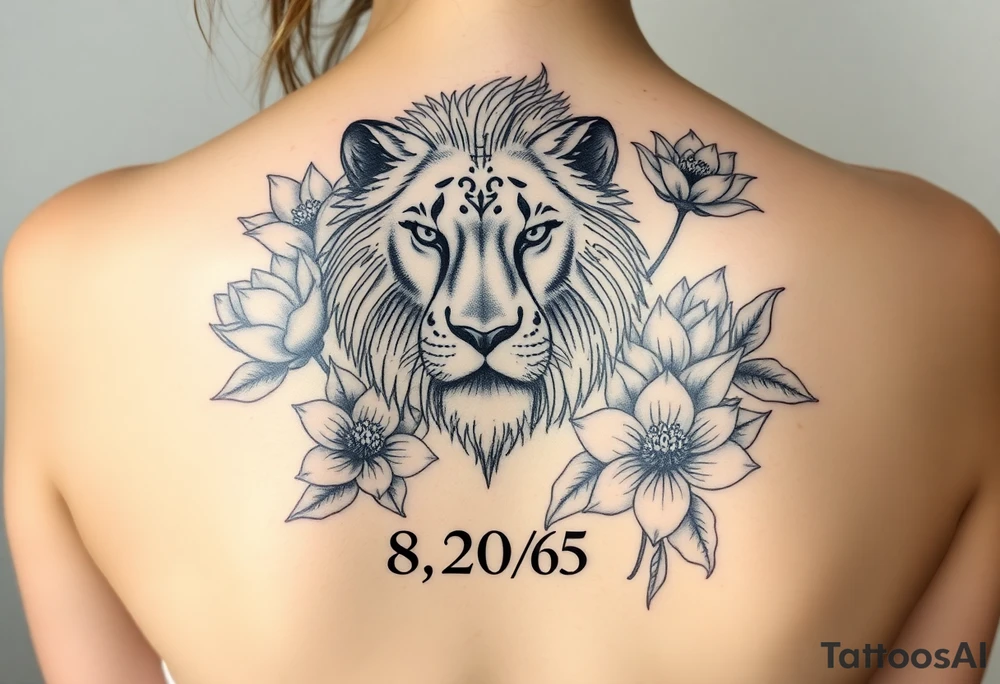 lion face as one of the lotus flowers then the rest blooming lotus flowers in mist with the date 8/20/65 flowers surrounding lion tattoo idea