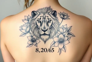 lion face as one of the lotus flowers then the rest blooming lotus flowers in mist with the date 8/20/65 flowers surrounding lion tattoo idea