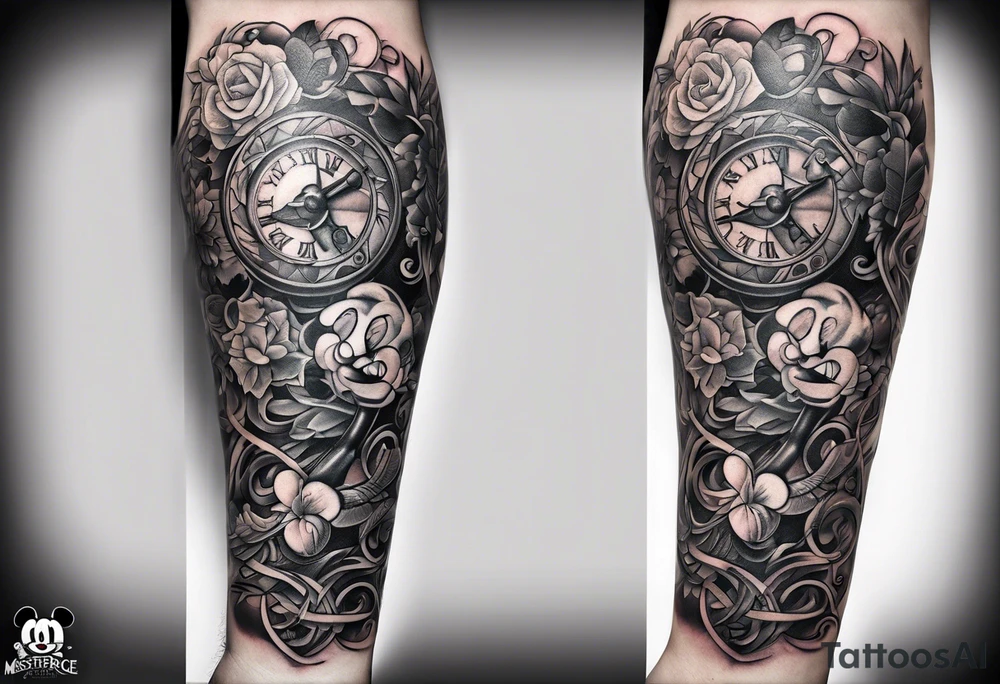 Tattoo full left arm with a collage of  a medicine caduceus and a mickey mouse silhouette tattoo idea