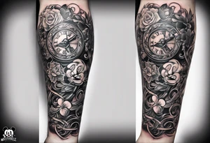 Tattoo full left arm with a collage of  a medicine caduceus and a mickey mouse silhouette tattoo idea