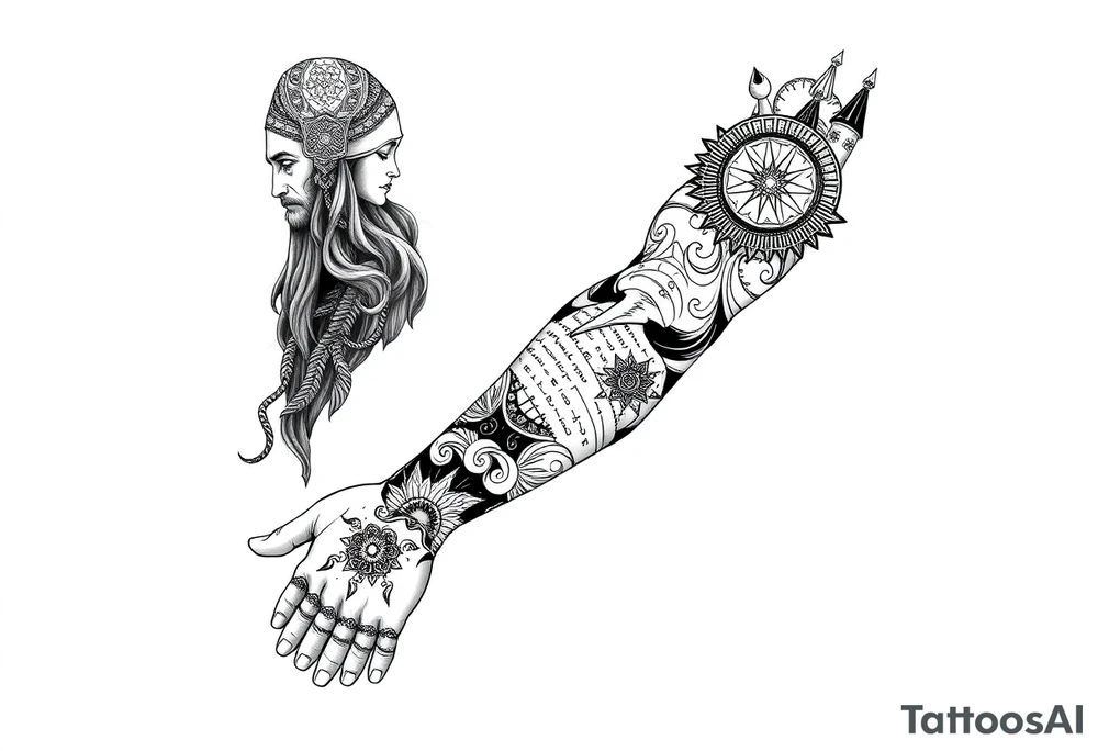 long shaman and witch  style mytical sleeve with ancient rhyme tattoo idea