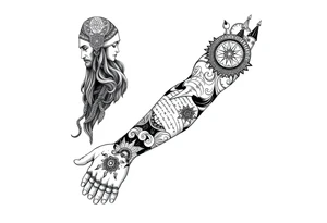 long shaman and witch  style mytical sleeve with ancient rhyme tattoo idea