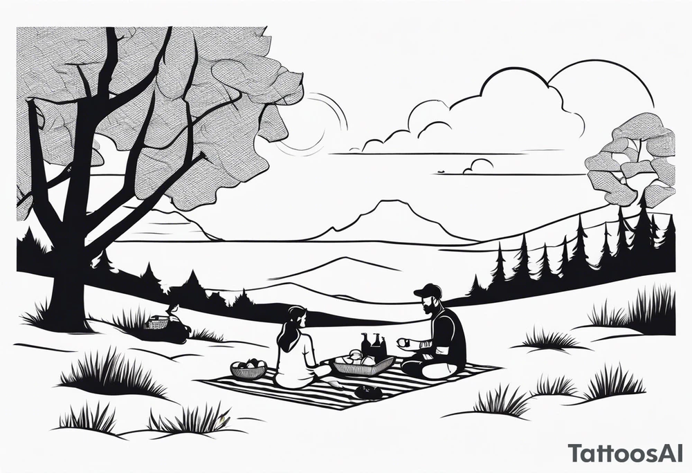 minimalstic picnic scene in nature on a blanket, without food in sight tattoo idea