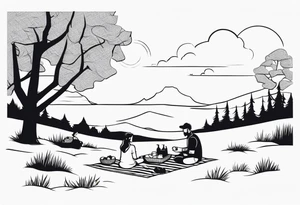 minimalstic picnic scene in nature on a blanket, without food in sight tattoo idea