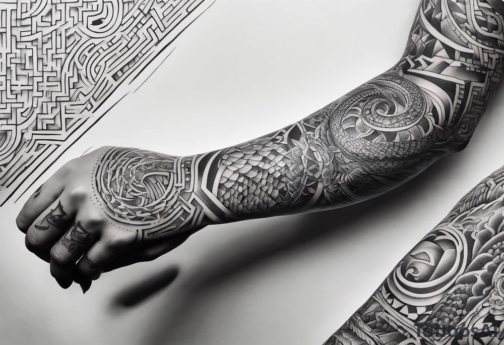 A three deminsional maze tattoo covering the arm in a sleeve with a snake wrapping around the arm biting the hand tattoo idea