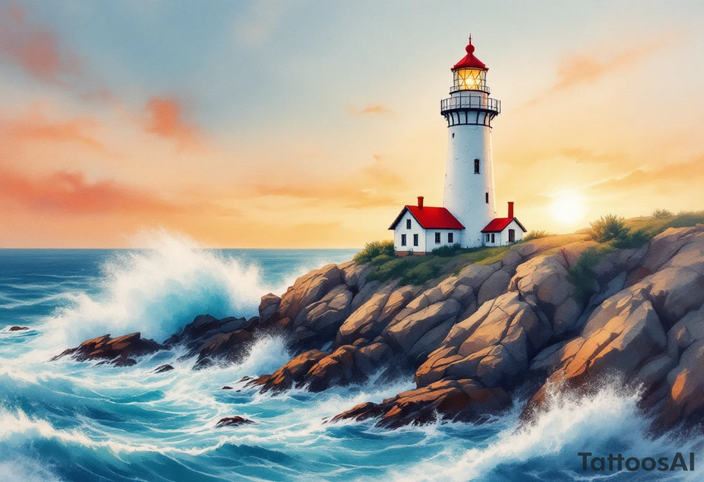 A tall, weathered white lighthouse with a bright red roof and railing, standing boldly on a rocky cliff surrounded by crashing teal-blue waves and glowing under a golden-orange sunset sky. tattoo idea