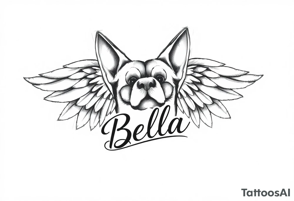 Dog print with angel wings and the name Bella tattoo idea