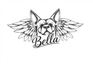 Dog print with angel wings and the name Bella tattoo idea